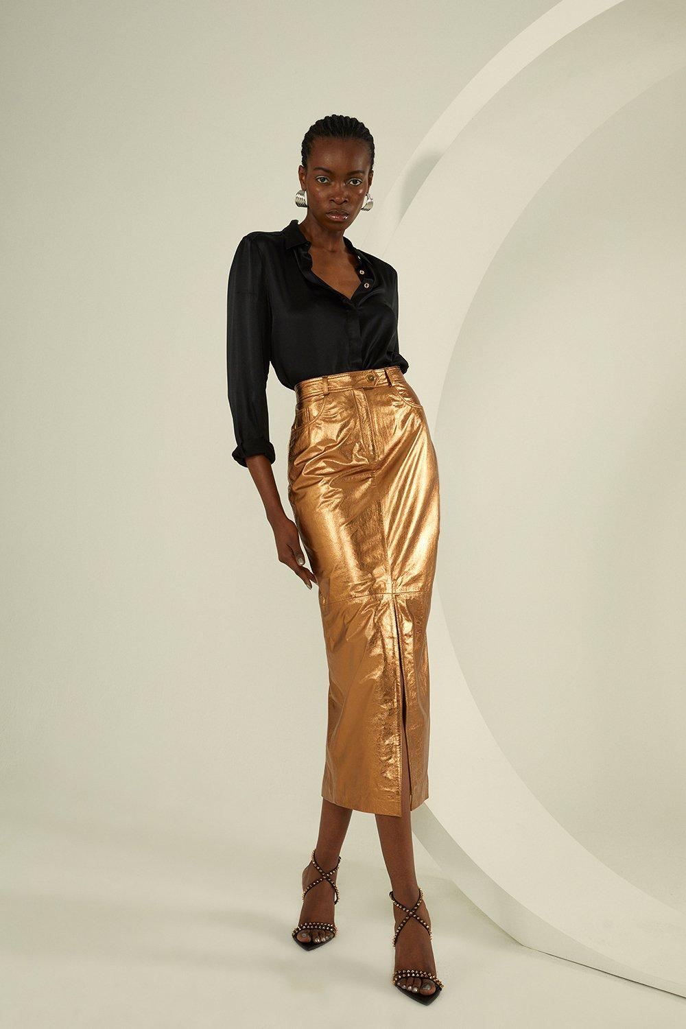 Burgundy leather shop skirt gold